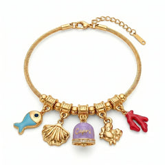 Armband met blauweregenkleurig geëmailleerd Capri-belletje en zeecharms