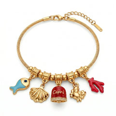 Armband met rood geëmailleerd Capri-belletje en zeecharms