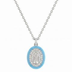 Ketting met geëmailleerd Mariabeeldje, pastelblauw en zirkonia