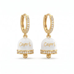 White “Capri” Zircon-Embellished Hoop Earrings with Bell Pendants