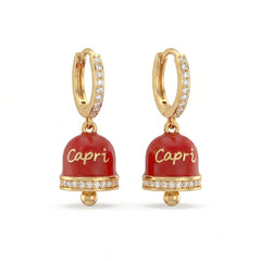 Red “Capri” Zircon-Studded Hoop Earrings with Bell Charm