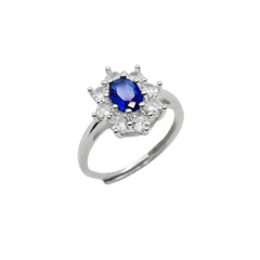 Kate-ring met bloem, blauwe steen en witte zirkonia's