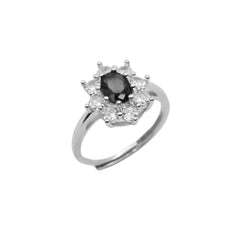 Kate-ring met bloem, zwarte steen en witte zirkonia's