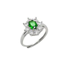 Kate-ring met bloem, groene steen en witte zirkonia's