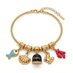 Armband met zwart geëmailleerd Capri-belletje en zeecharms
