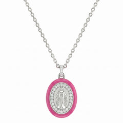 Ketting met geëmailleerd Mariabeeldje, fuchsia en zirkonia