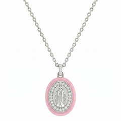 Ketting met geëmailleerd Mariabeeldje in pastelroze en zirkonia's
