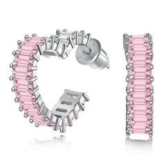 Heart Stud Earrings with Pink Baguette Zircons